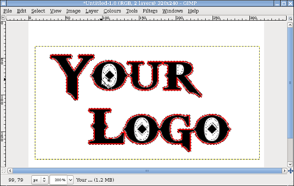 Screen shot of partially completed logo showing black letters outlined in red